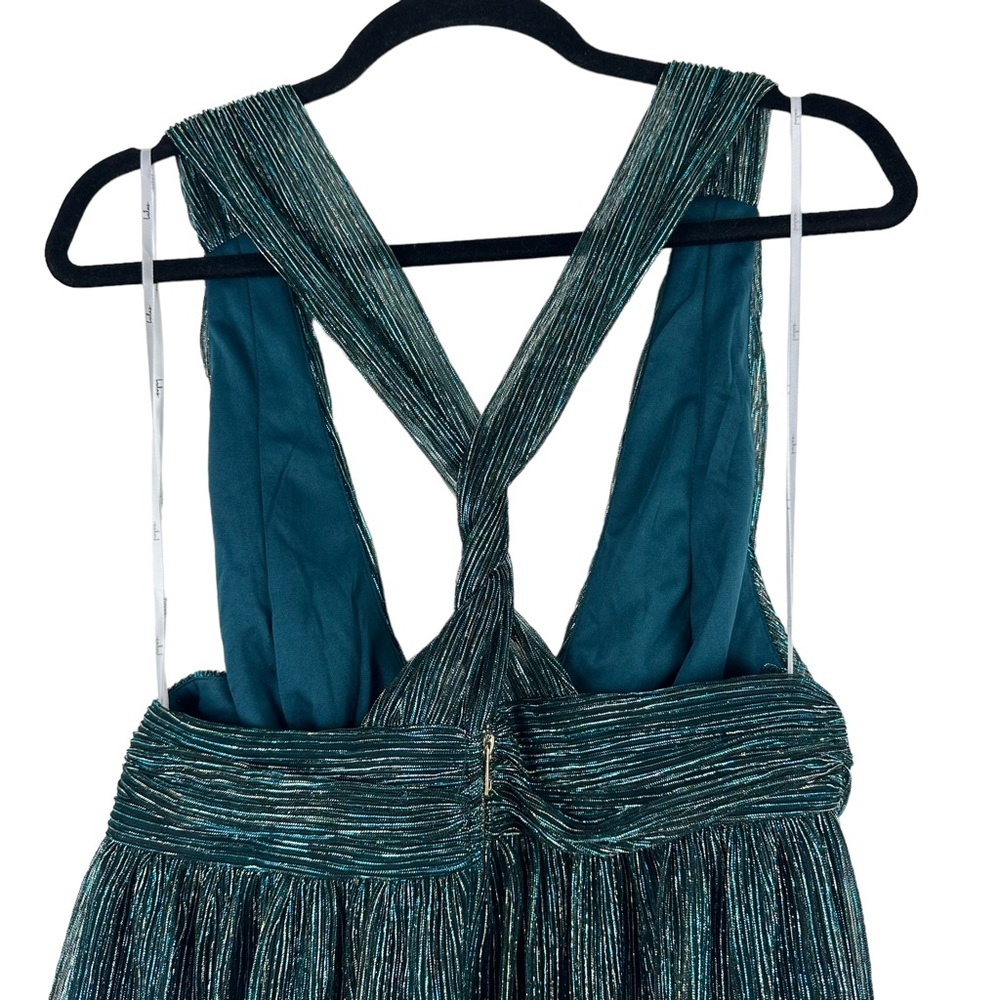 NWT LULUS Sz L Women Ailey Metallic Gold Teal Twist Back Skater Dress L 17D1756 - Picture 9 of 16